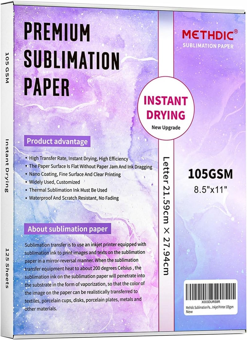 Methdic Sublimation Paper 8.5x11 Inch Instant Dry 125 Sheets Sublimation Blanks Transfer Paper For Inkjet Printer ，105gsm - Image 1